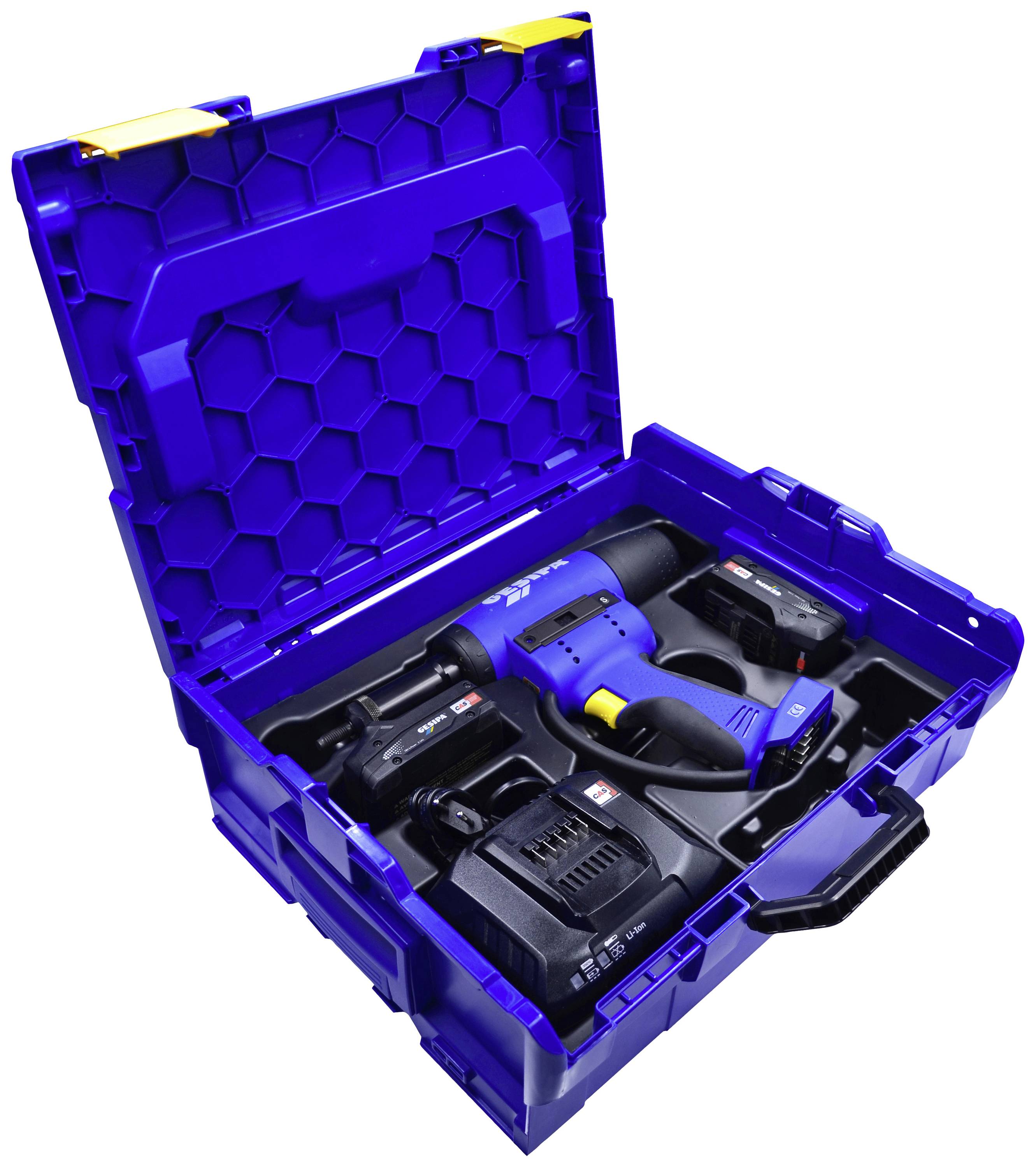 Un coffret bleu pour outils électriques avec un visseuse-perceuse sans fil, deux batteries et un chargeur. Le coffret présente un motif intérieur en forme de nid d'abeilles.