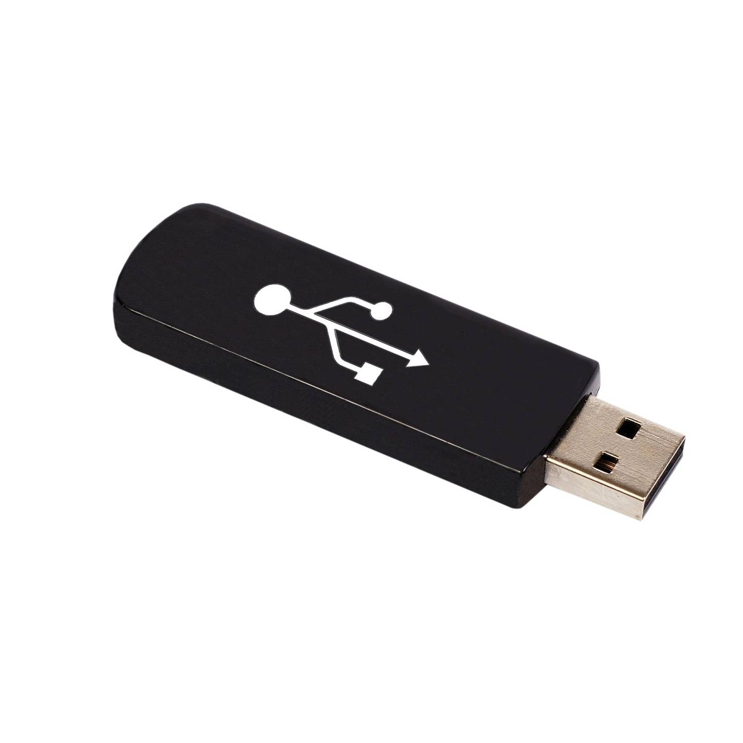 Une clé USB noire avec un symbole USB sur la face avant, illustrant la technologie de connexion pour le stockage et le transfert de données.