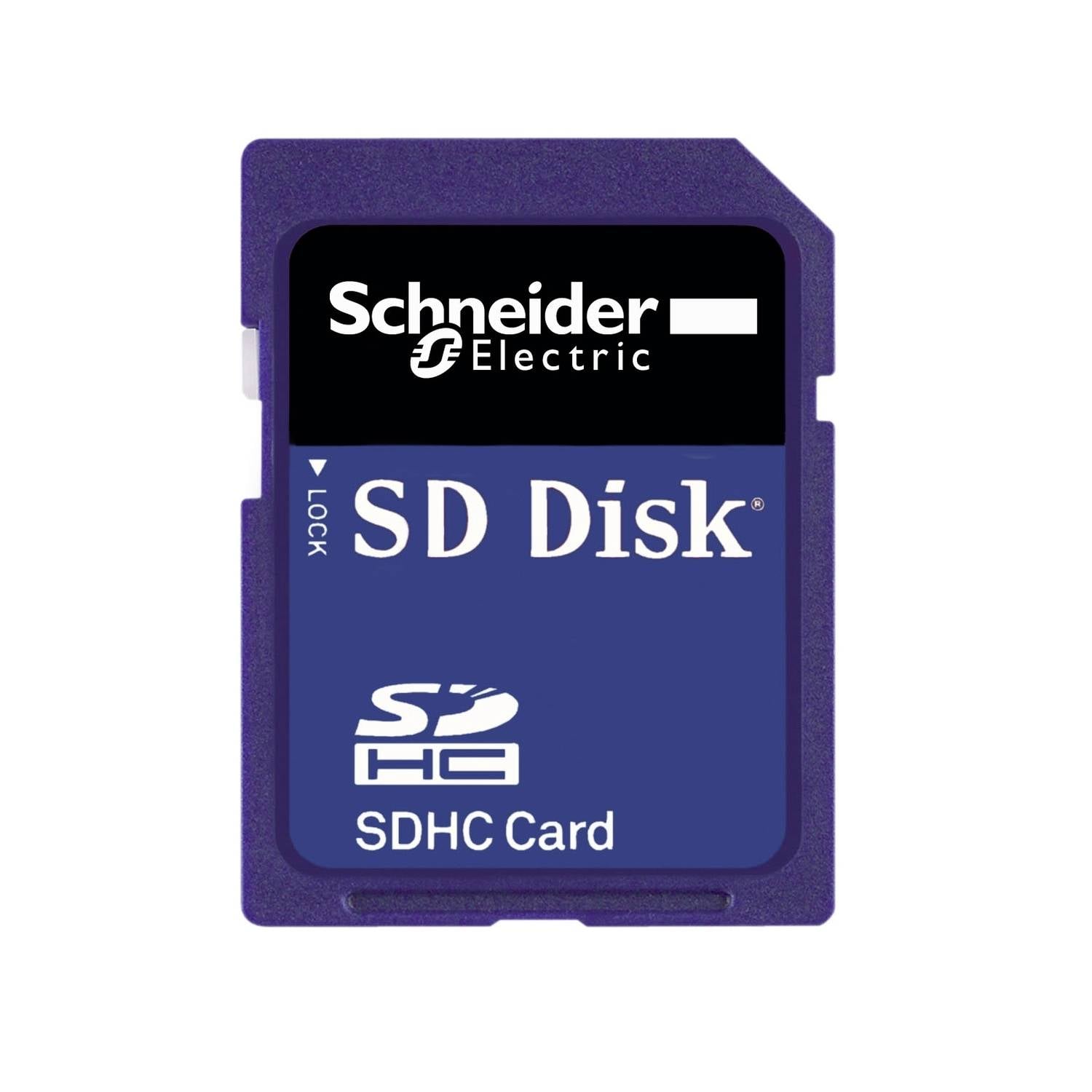 'Carte Schneider Electric SDHC, 16 Go. Bleu marine avec texte blanc et noir.'