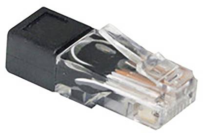 Une prise RJ45 en plastique avec des contacts métalliques visibles, utilisée pour se connecter à des appareils réseau.