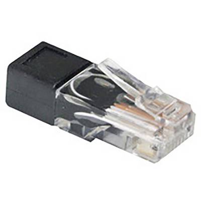 Une prise RJ45 en plastique avec des contacts métalliques visibles, utilisée pour se connecter à des appareils réseau.