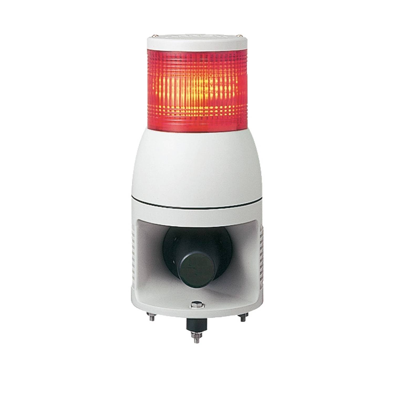 Voyant lumineux rouge avec boîtier blanc et haut-parleur, utilisé pour signaler des urgences ou des avertissements dans des environnements industriels.