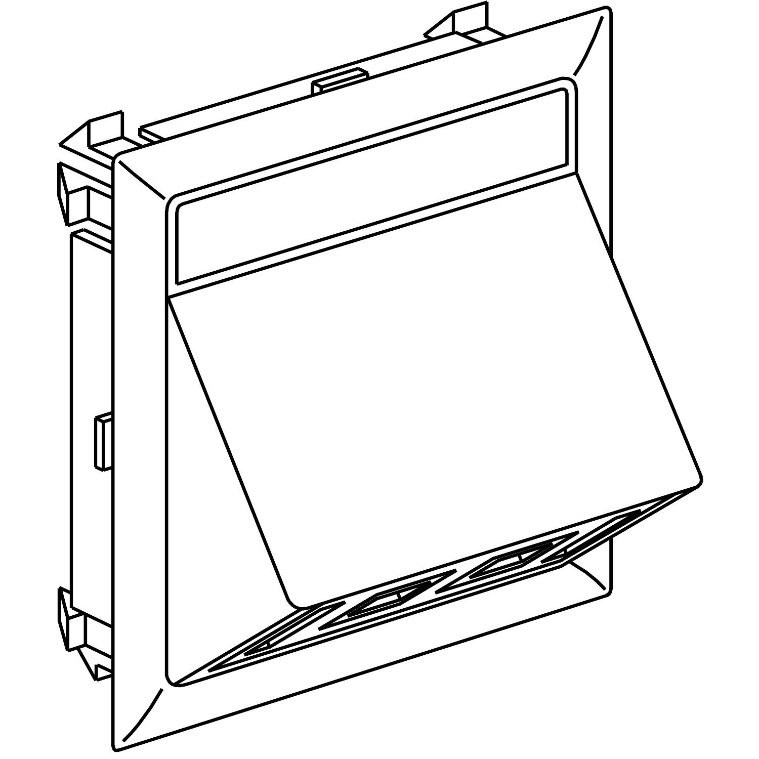 Un dessin technique montre une hotte de ventilation carrée avec un couvercle incliné et des fentes de ventilation.