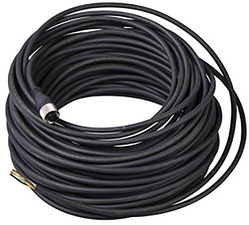 Un grand rouleau de câble noir, enroulé avec une extrémité libre, montrant des fils colorés. Adapté pour les connexions électriques.