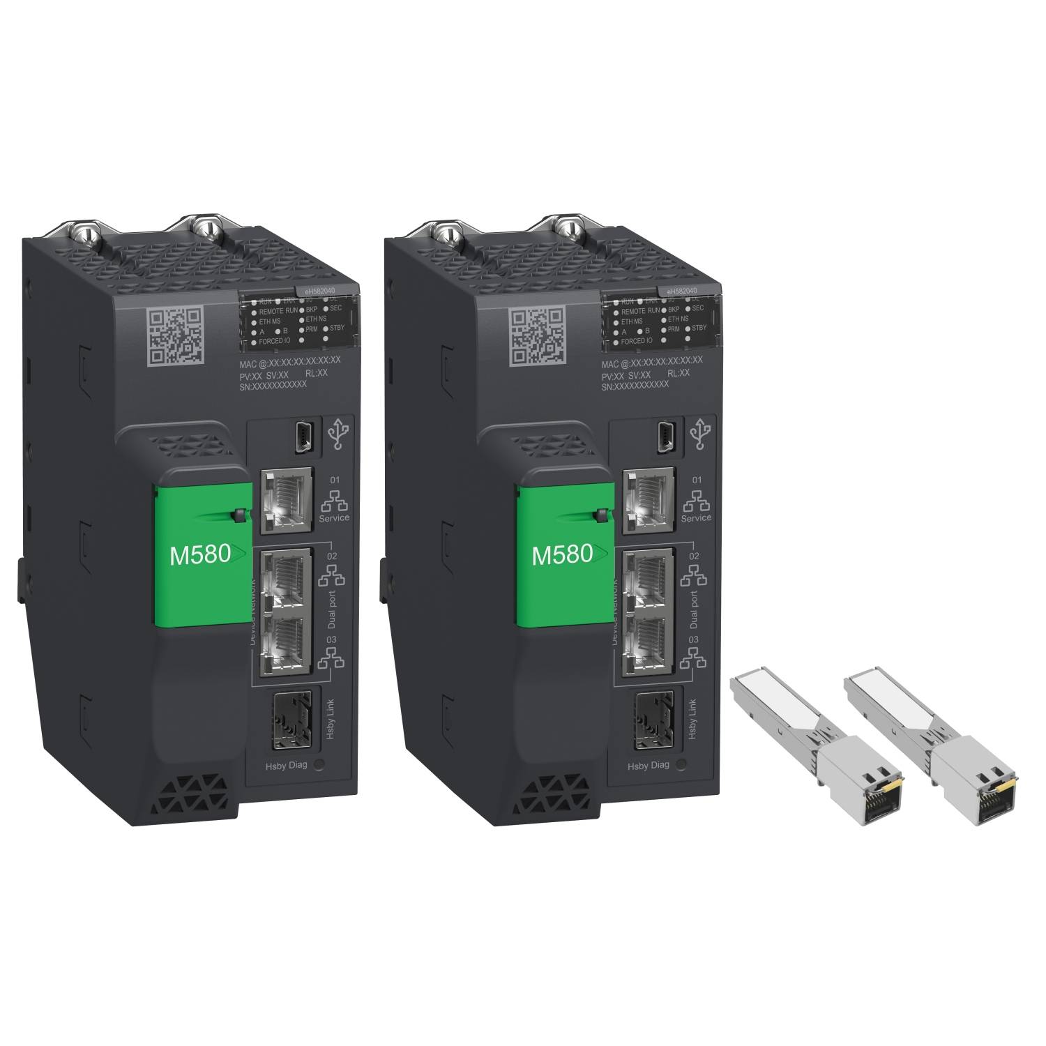 Deux automates Modicon M580 noirs avec des étiquettes vertes "M580" et des ports Ethernet, à côté de deux modules SFP.