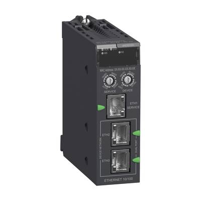 Un module de communication Ethernet noir avec plusieurs options de connexion et des voyants LED verts, utilisé pour les équipements industriels.