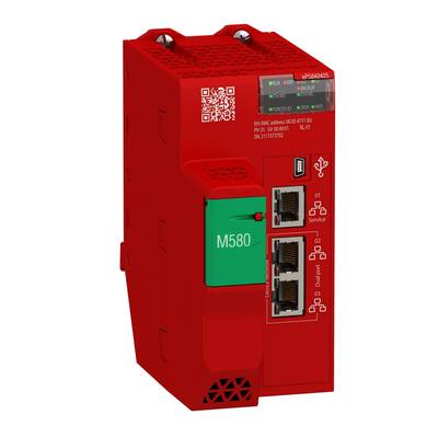 Dispositif industriel rouge avec inscription verte 'M580'. Des voyants LED et des connexions réseau sont situés sur la face avant.
