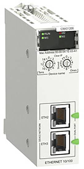 Module avec connexions réseau, voyants LED pour l'état. Inscription en haut 'CRA31200', connexions Ethernet en bas. Adapté aux applications industrielles.