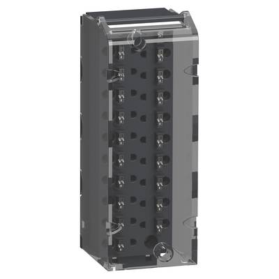 Barrette de connexion électrique transparente à plusieurs rangées de bornes, adaptée aux applications industrielles et aux câblages.