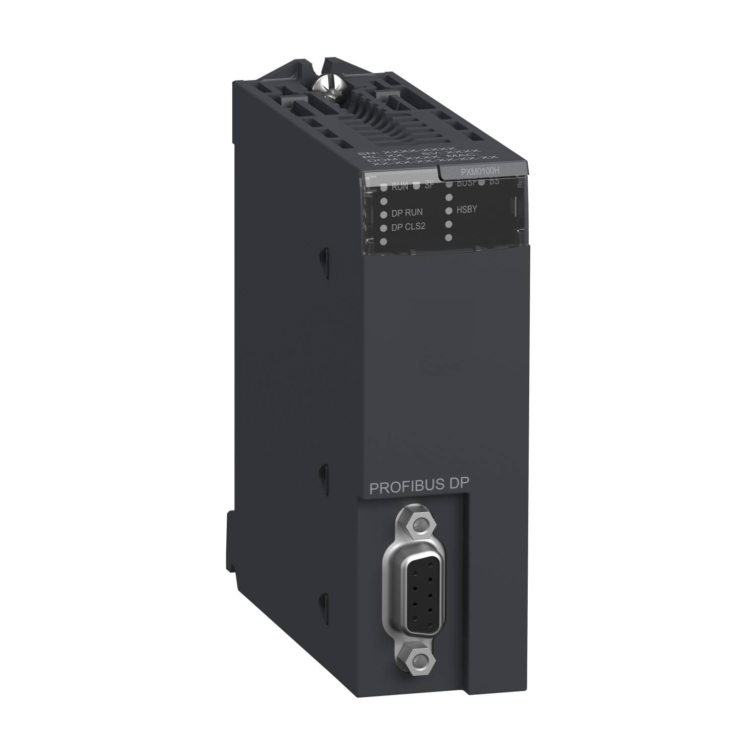 Un module PROFIBUS DP noir avec des diodes électroluminescentes pour l'indication de statut et un connecteur série à l'avant.