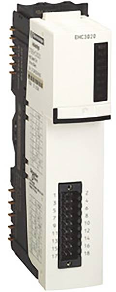 Un module technique avec plusieurs connexions, orienté verticalement, identifie le numéro de produit 'EMC3020' sur sa face supérieure.