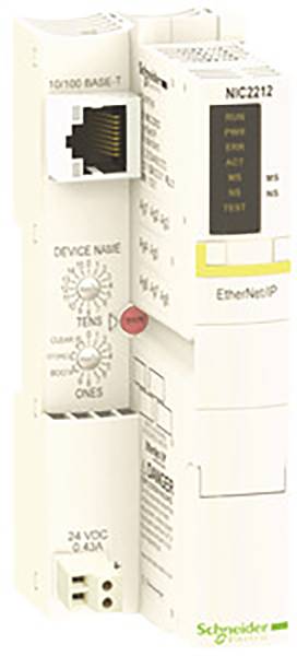 Un module réseau modulaire de Schneider Electric avec connexion Ethernet, indication de tension et éléments de commande pour applications industrielles.