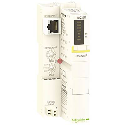 Un module réseau modulaire de Schneider Electric avec connexion Ethernet, indication de tension et éléments de commande pour applications industrielles.
