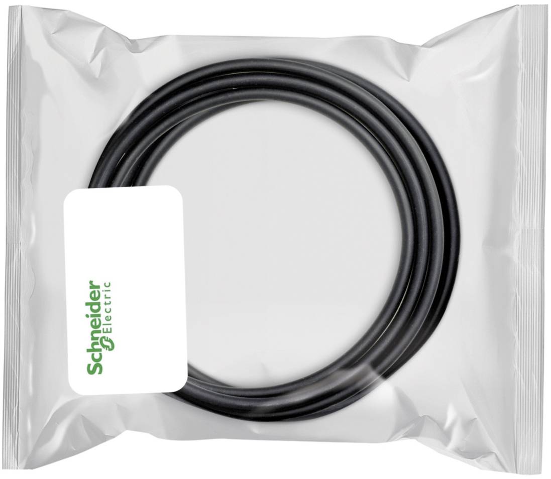 Un joint noir dans un emballage transparent avec le logo de 'Schneider Electric' sur une étiquette blanche.