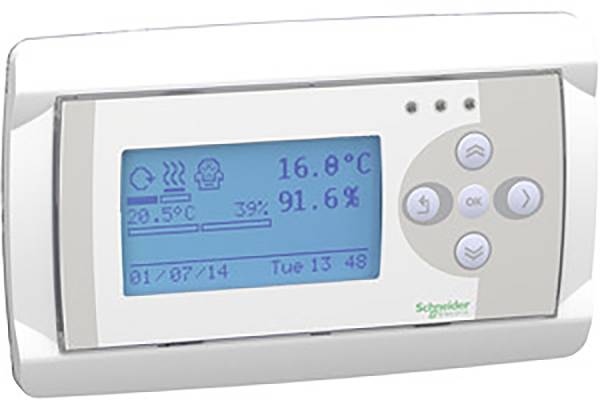 Thermostat d'ambiance avec écran ; affiche la température '16,8°C' et l'humidité '91,6%' ; boutons à droite pour le réglage.