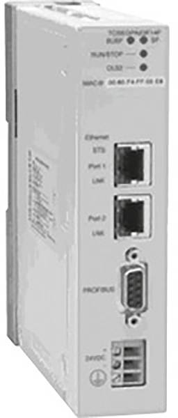 Un dispositif technique blanc doté de plusieurs interfaces réseau et ports, adapté pour la communication Ethernet et PROFIBUS.