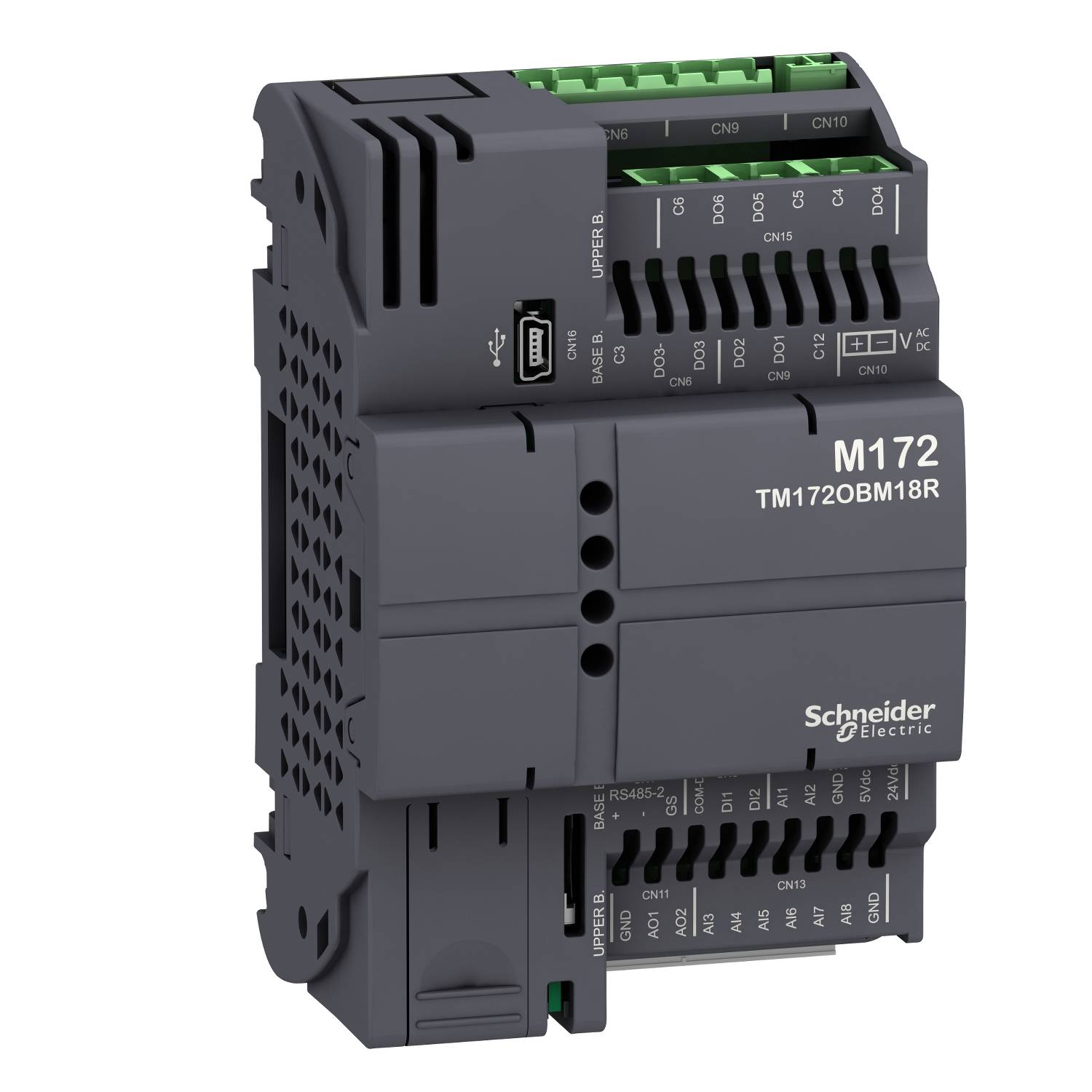 Un boîtier de commande noir de Schneider Electric, modèle M172 TM172OBM18R, avec des connexions et des interfaces sur un côté.