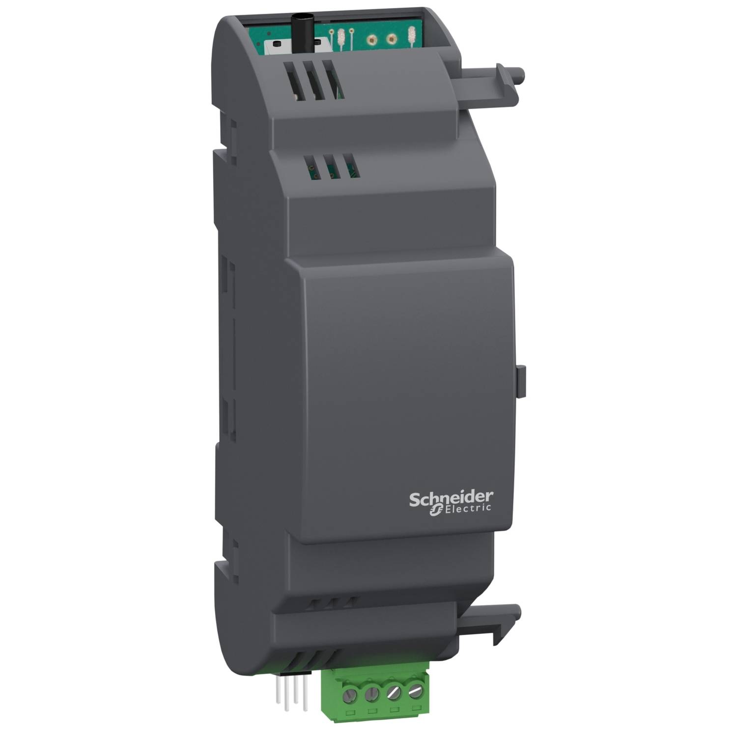 Un appareil électronique gris rectangulaire portant le logo de 'Schneider Electric' sur la façade, adapté pour un montage sur rail DIN.