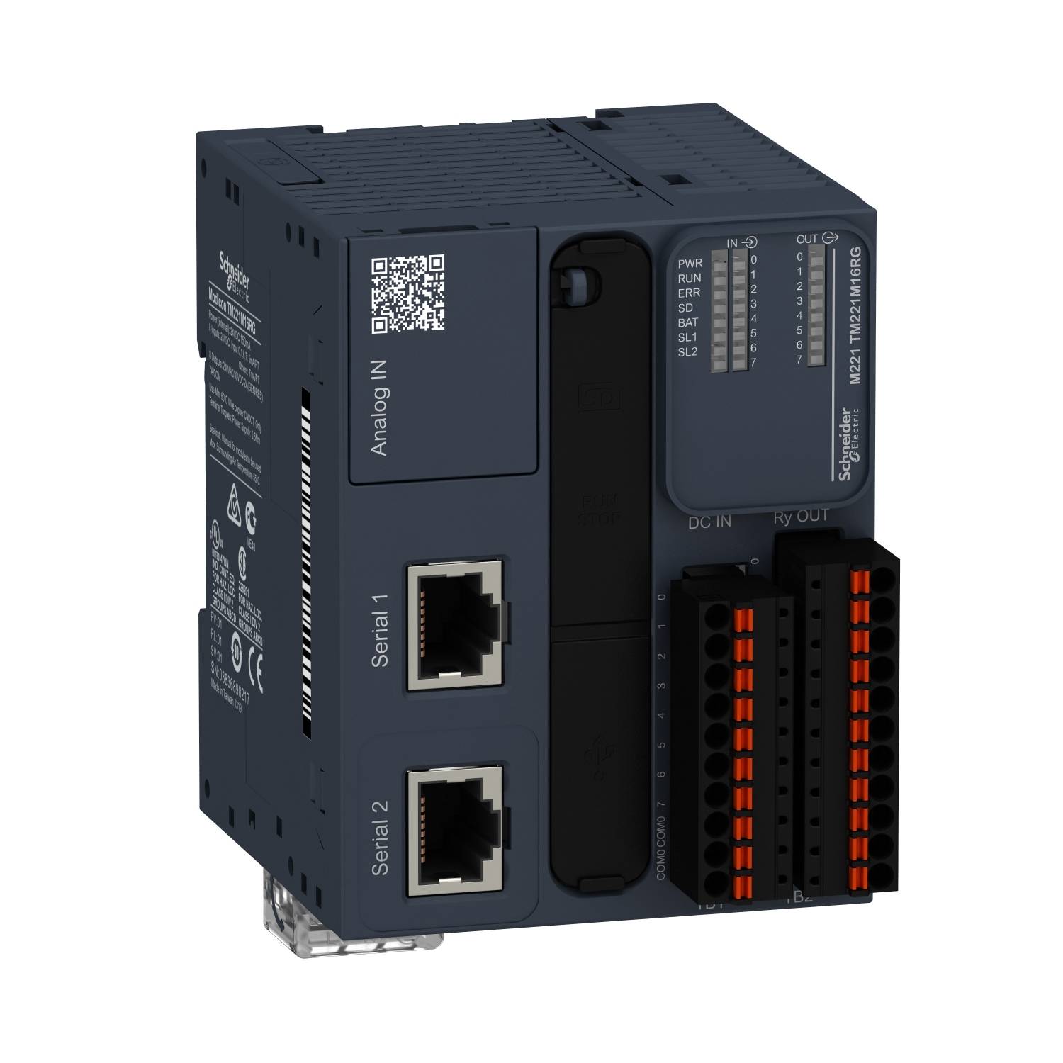 Un dispositif de commande industriel compact doté de deux ports série et de plusieurs emplacements pour connexions câblées.