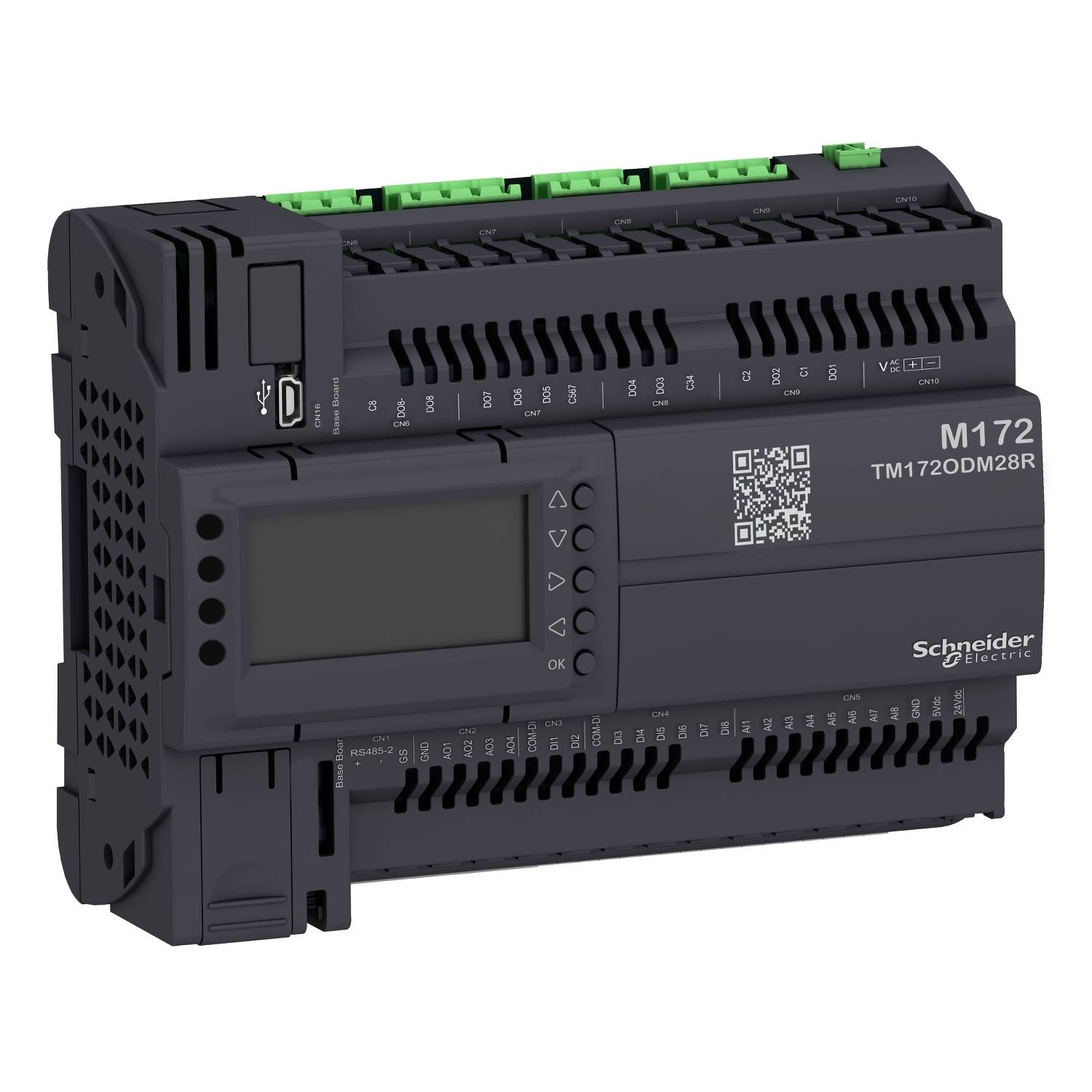 Un module de commande M172 noir et rectangulaire de Schneider Electric, doté d'un écran et d'un code QR sur sa face avant.