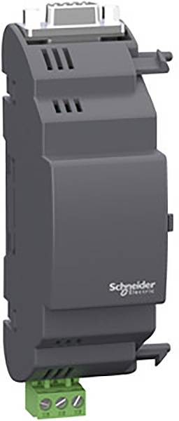 Un module d'armoire électrique noir de Schneider Electric avec plusieurs points de connexion et un connecteur vert à la base.