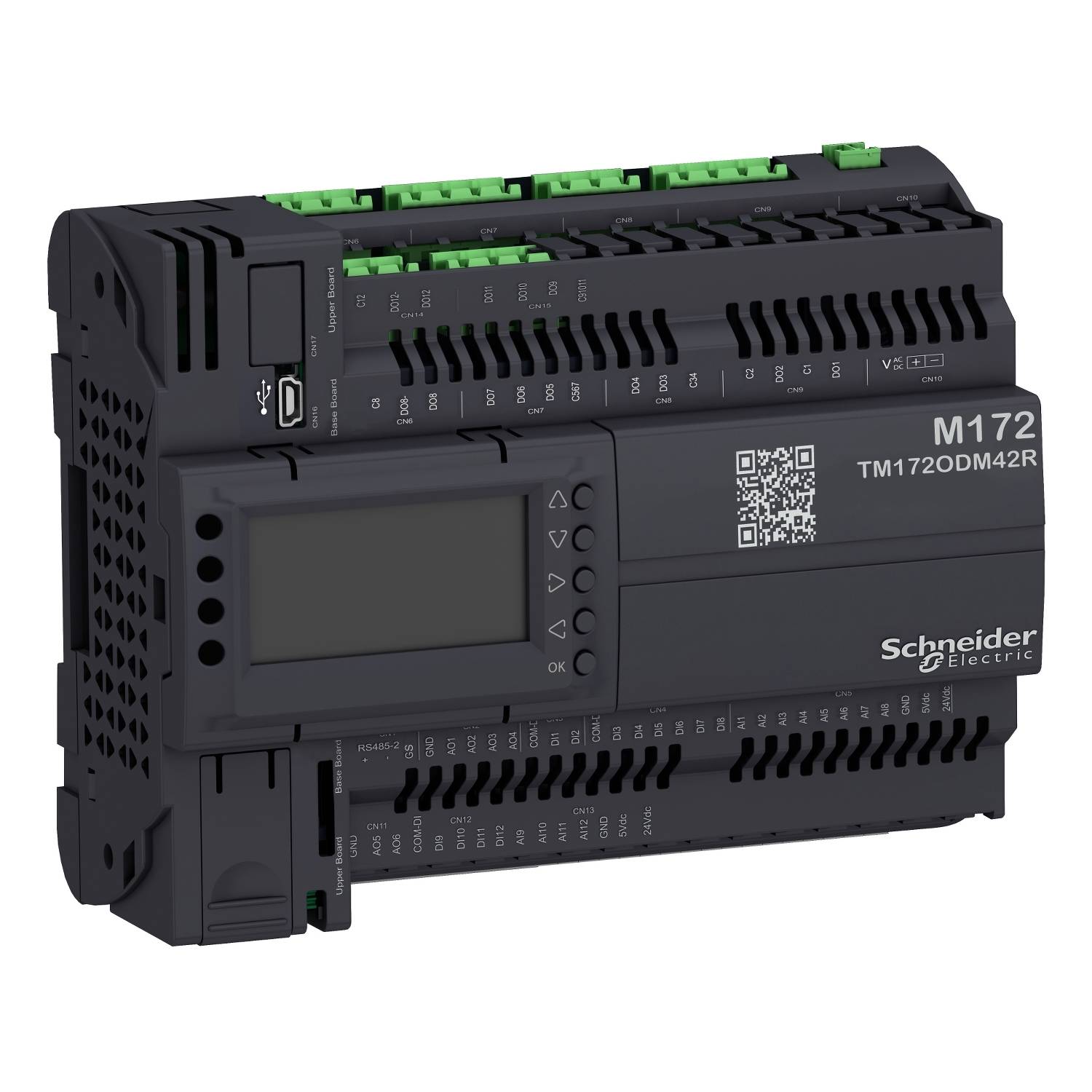Contrôleur logique programmable avec affichage et connecteurs verts. Marqué 'M172 TM172ODM42R Schneider Electric'.