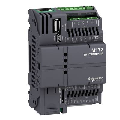 Une unité de commande industrielle noire avec des connexions et l'inscription 'TM172PB18R Schneider Electric'.