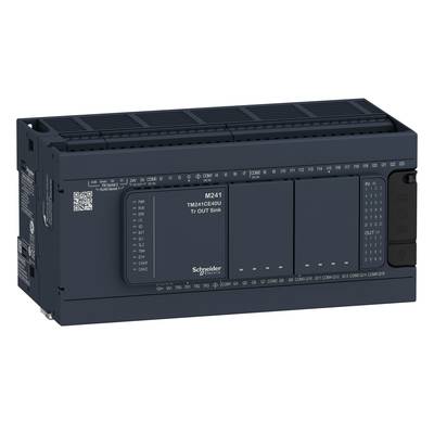 Module électronique gris rectangulaire avec différents connecteurs et étiquettes. Inscription : 'Schneider M241'.