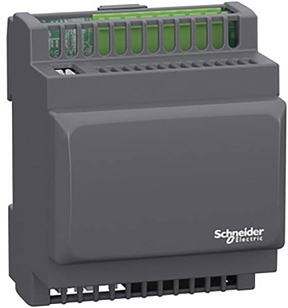 Module électrique rectangulaire gris avec le logo de Schneider Electric. Plusieurs bornes de connexion visibles sur la face supérieure.
