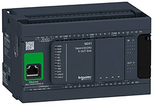 Un contrôleur logique Modicon M241 noir de Schneider Electric avec interfaces Ethernet et CANopen pour le contrôle industriel.