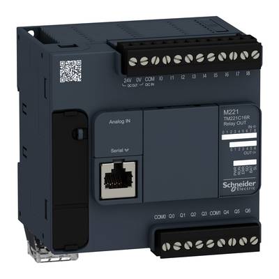 Unité de commande programmable de Schneider Electric, modèle M221. Dispose de connexions pour entrées analogiques et communication série.