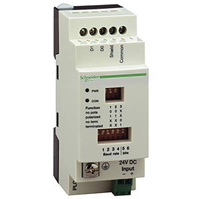 Un appareil électrique blanc avec plusieurs connexions et des voyants LED. Il affiche des indications telles que 'Function', '24V CC', et 'Débit en bauds'.