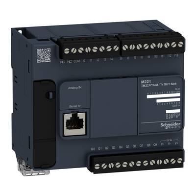 Contrôleur Logique Programmable (PLC) de Schneider Electric ; Modèle M221. Comprend des entrées analogiques, une interface série et des borniers.