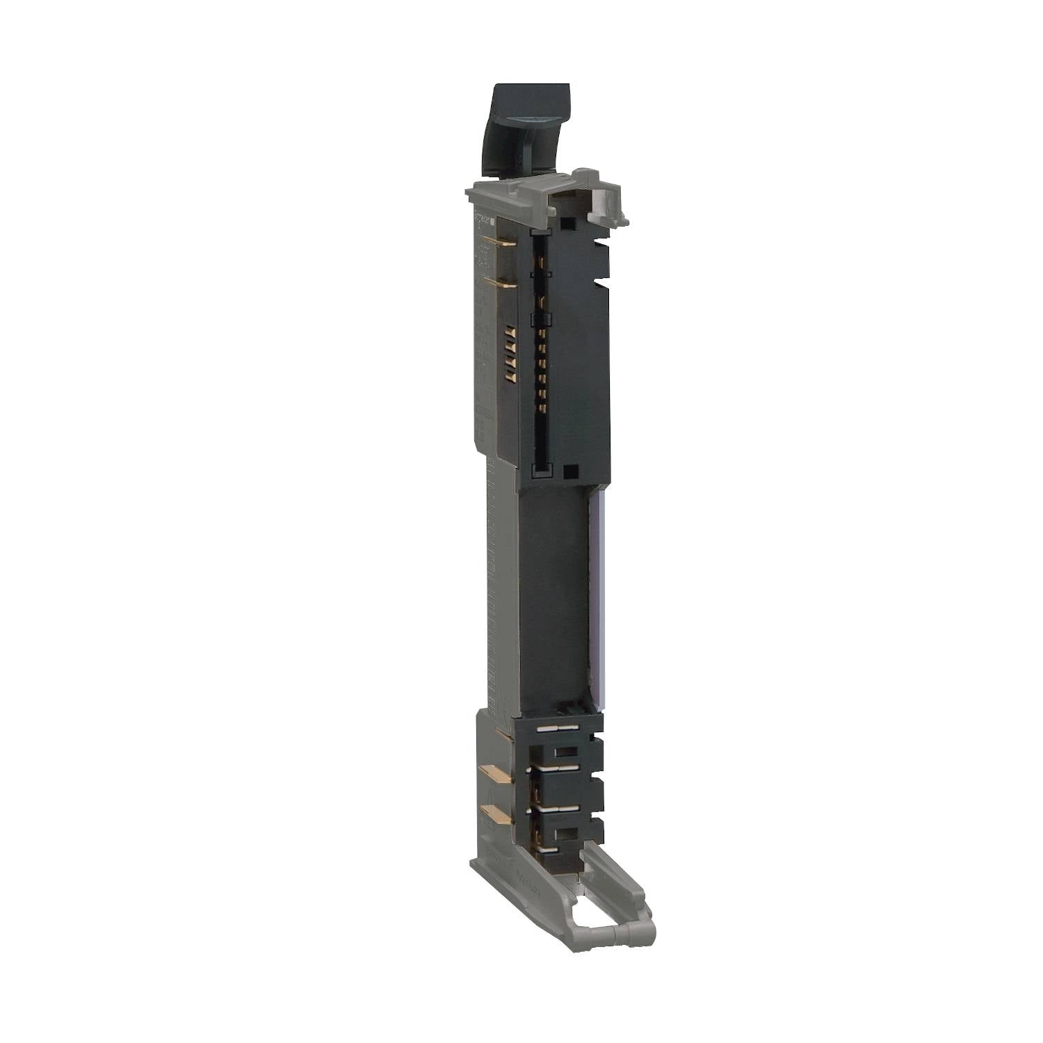 Un connecteur électronique étroit et rectangulaire. Principalement gris avec des contacts noirs et dorés.