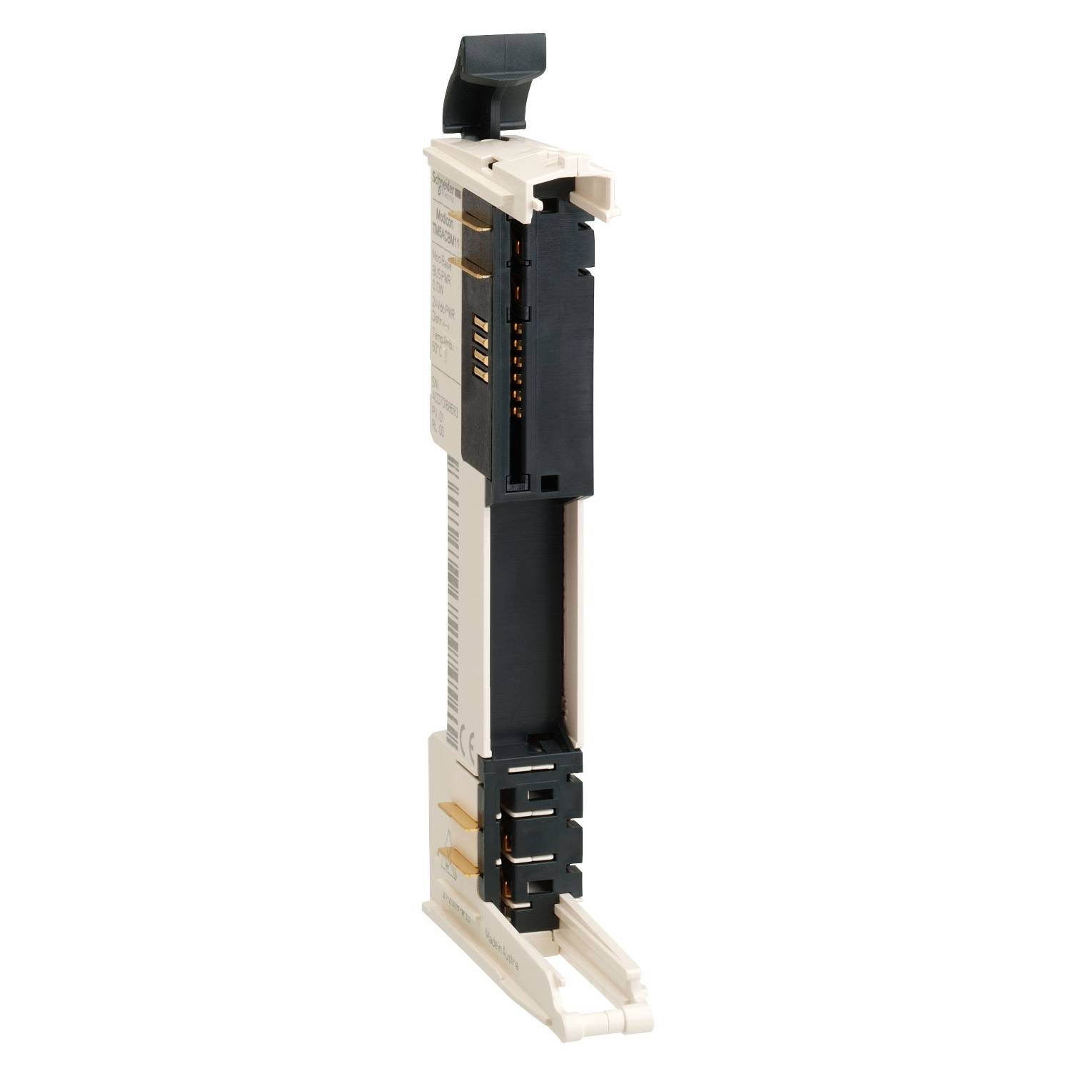 Un composant électronique orienté verticalement, avec plusieurs broches de connexion et un levier en haut.