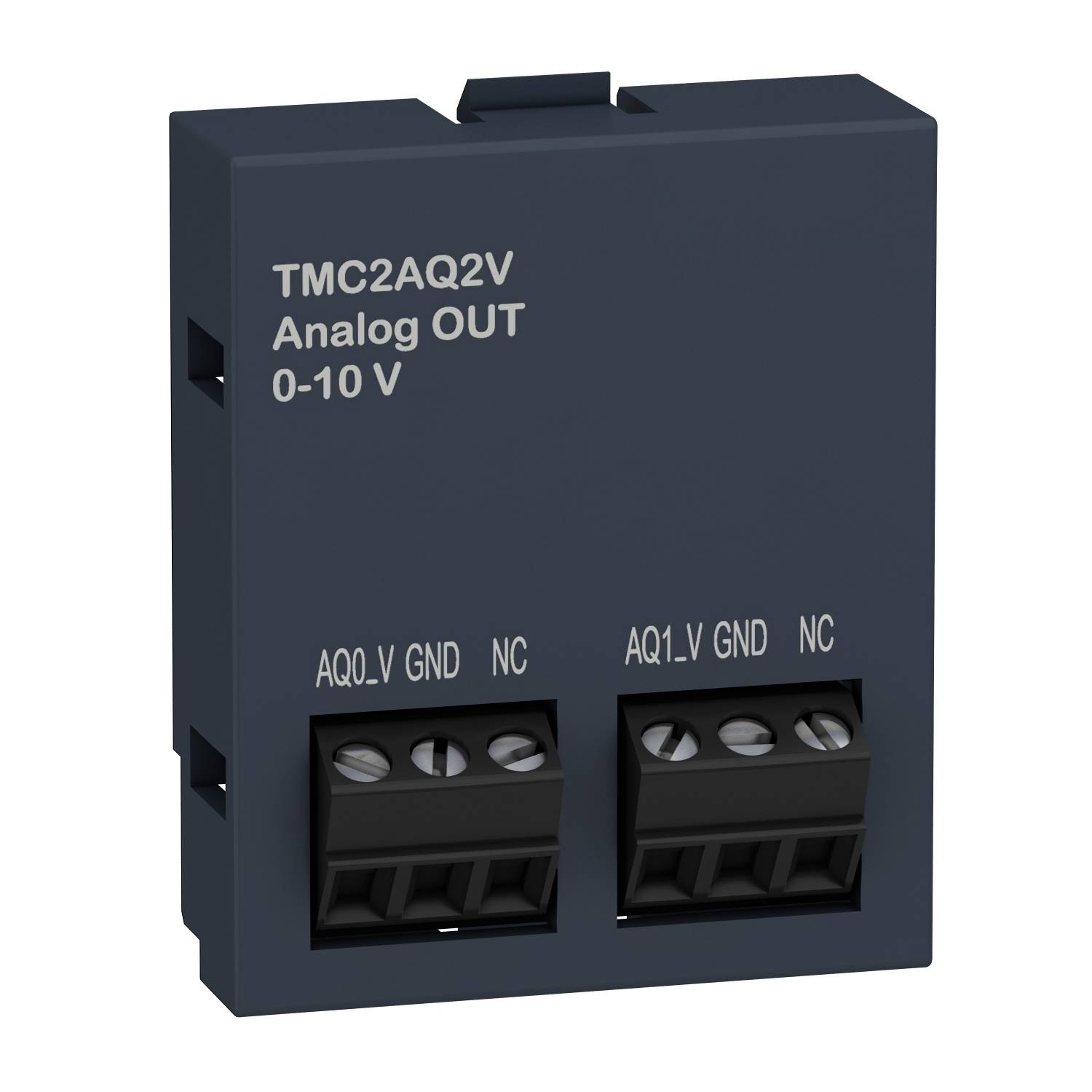 'Module de sortie analogique TMC2AQ2V, plage de tension 0-10 V. Deux canaux : AQ0.V et AQ1.V avec connexions GND et NC.'