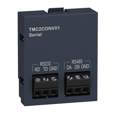 Appareil noir avec des ports RS232 et RS485. Numéro de modèle : 'TMC2CONV01'. Étiquette : 'Serial'.