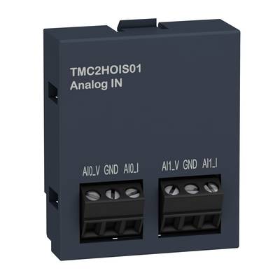 Un module gris foncé portant l'inscription 'TMC2HOIS01 Analog IN' présente deux zones de connexion pour des entrées analogiques.