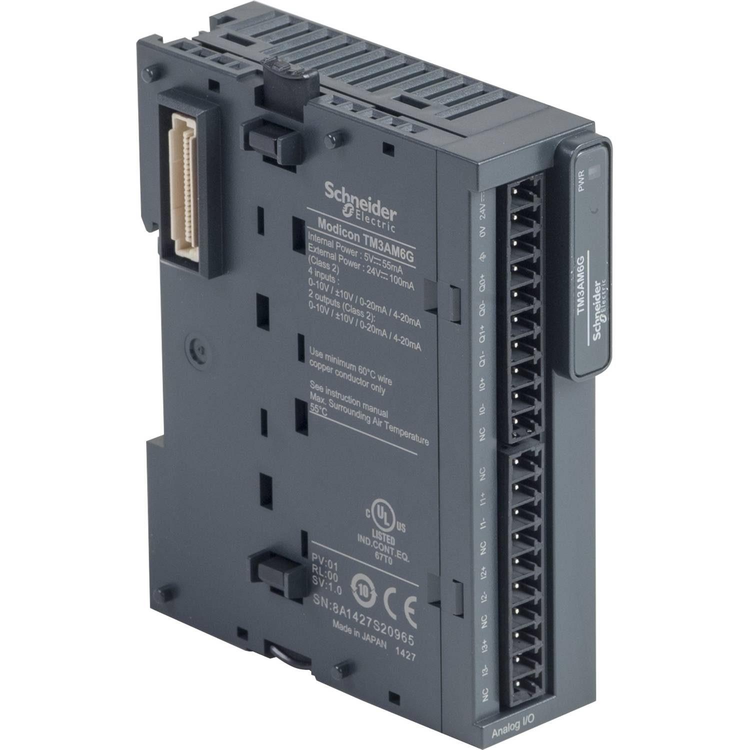 Un module d'extension Modicon TM3AM8-AI noir de Schneider Electric avec plusieurs connexions sur le côté droit.