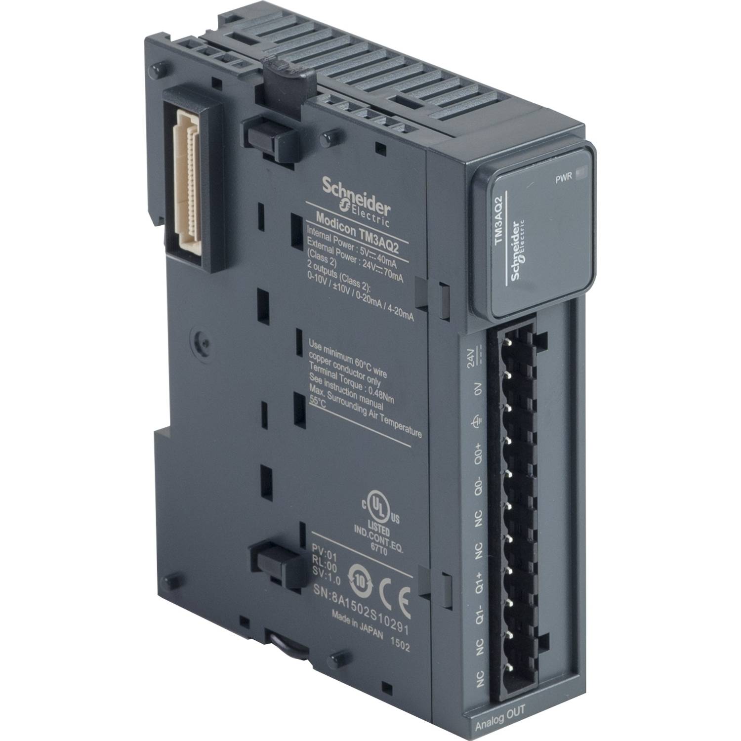 Module de commande industriel de Schneider Electric avec différentes connexions et une étiquette indiquant le modèle et la tension.