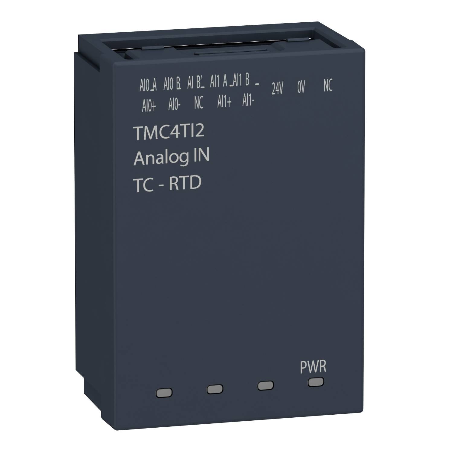 Module bleu foncé portant l'inscription 'TMC4TI2 Analog IN TC - RTD', signalé par des LED PWR, dispositif de mesure de température.