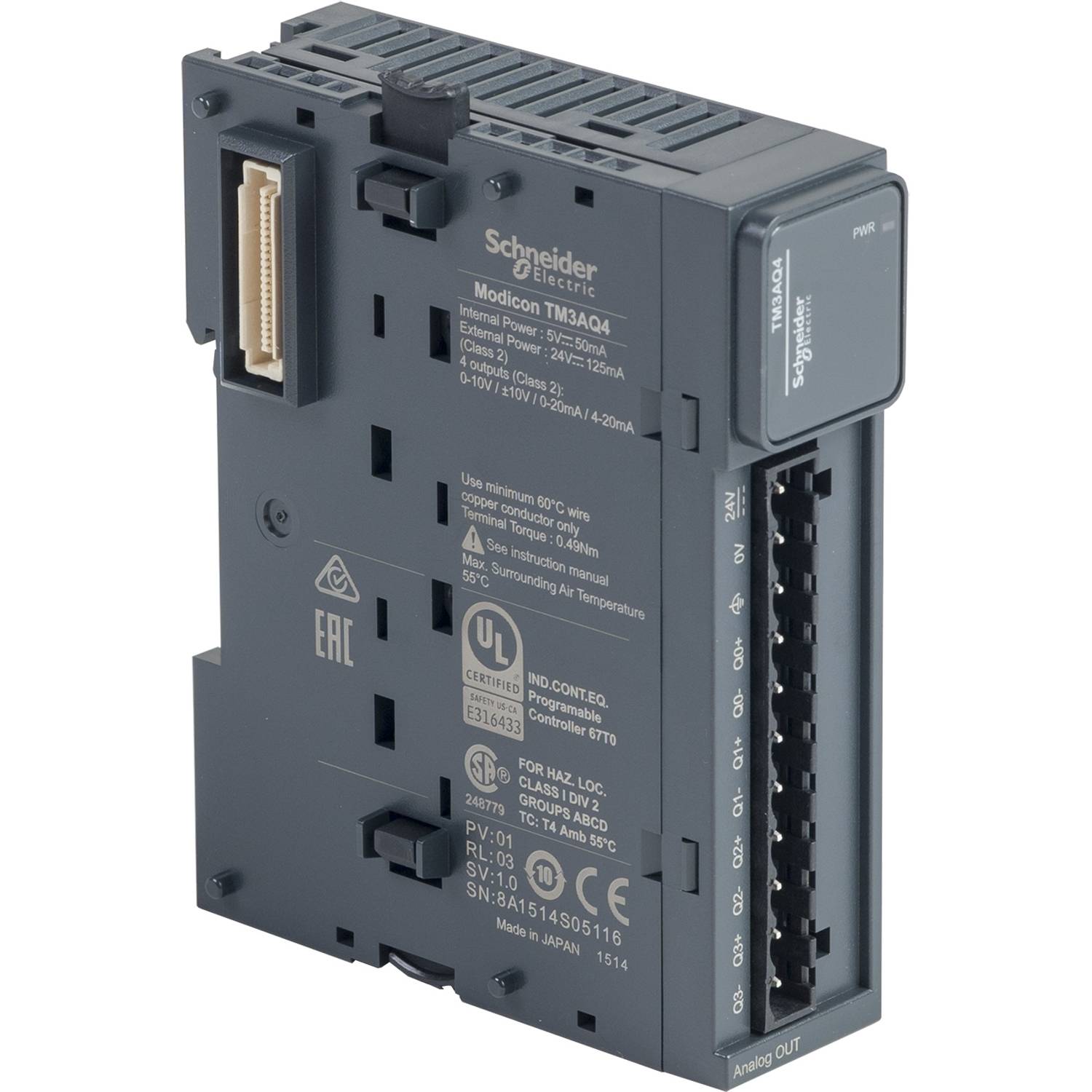Module d'électronique industrielle de Schneider Electric, modèle Modicon TM3AQ4, avec connexions et inscription de marque, noir.