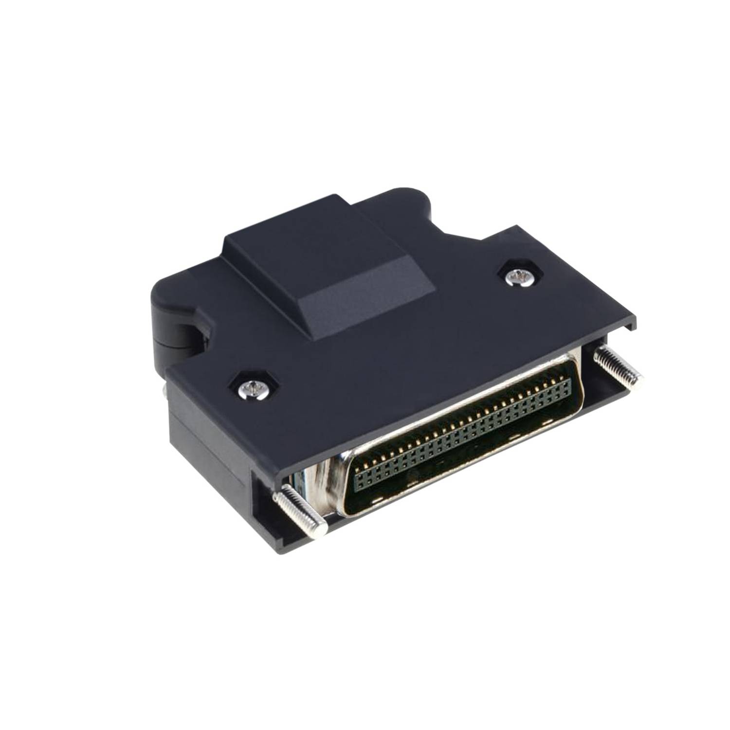 Une prise informatique noire de forme rectangulaire avec de nombreuses petites broches, adaptée pour les connexions ou les adaptateurs.