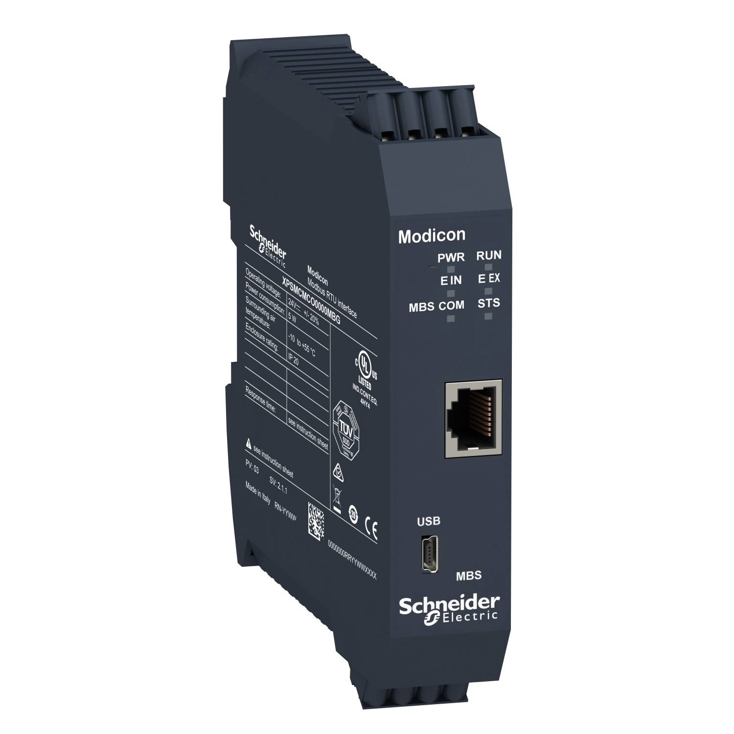 Un module électrique de Schneider Electric avec ports USB et Ethernet, adapté aux applications de contrôle et de communication.
