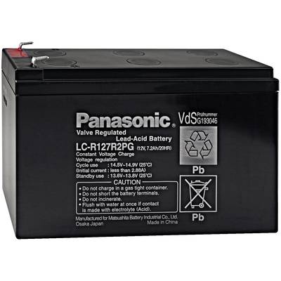 'Batterie au plomb-acide Panasonic, LC-R127R2PG, 12V, 7,2Ah, à régulation par soupape, avec avertissements et symboles sur la face avant.'