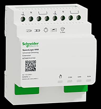 Un appareil blanc avec plusieurs connexions, un code QR et l'inscription 'Schneider Electric'. Utilisé pour la domotique.