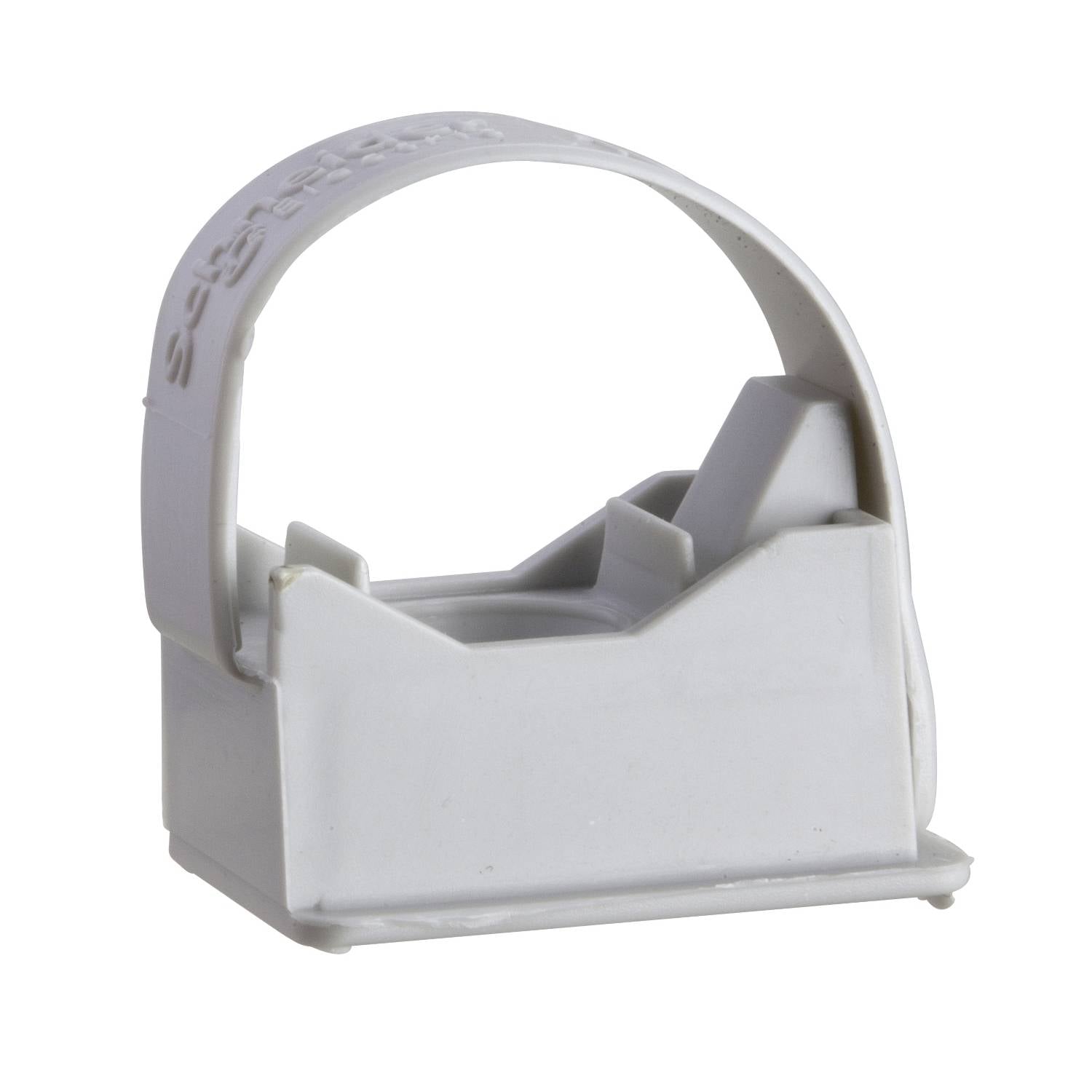 Un support en plastique blanc avec une tige recourbée, probablement destiné à la stabilisation d'objets ou d'appareils.