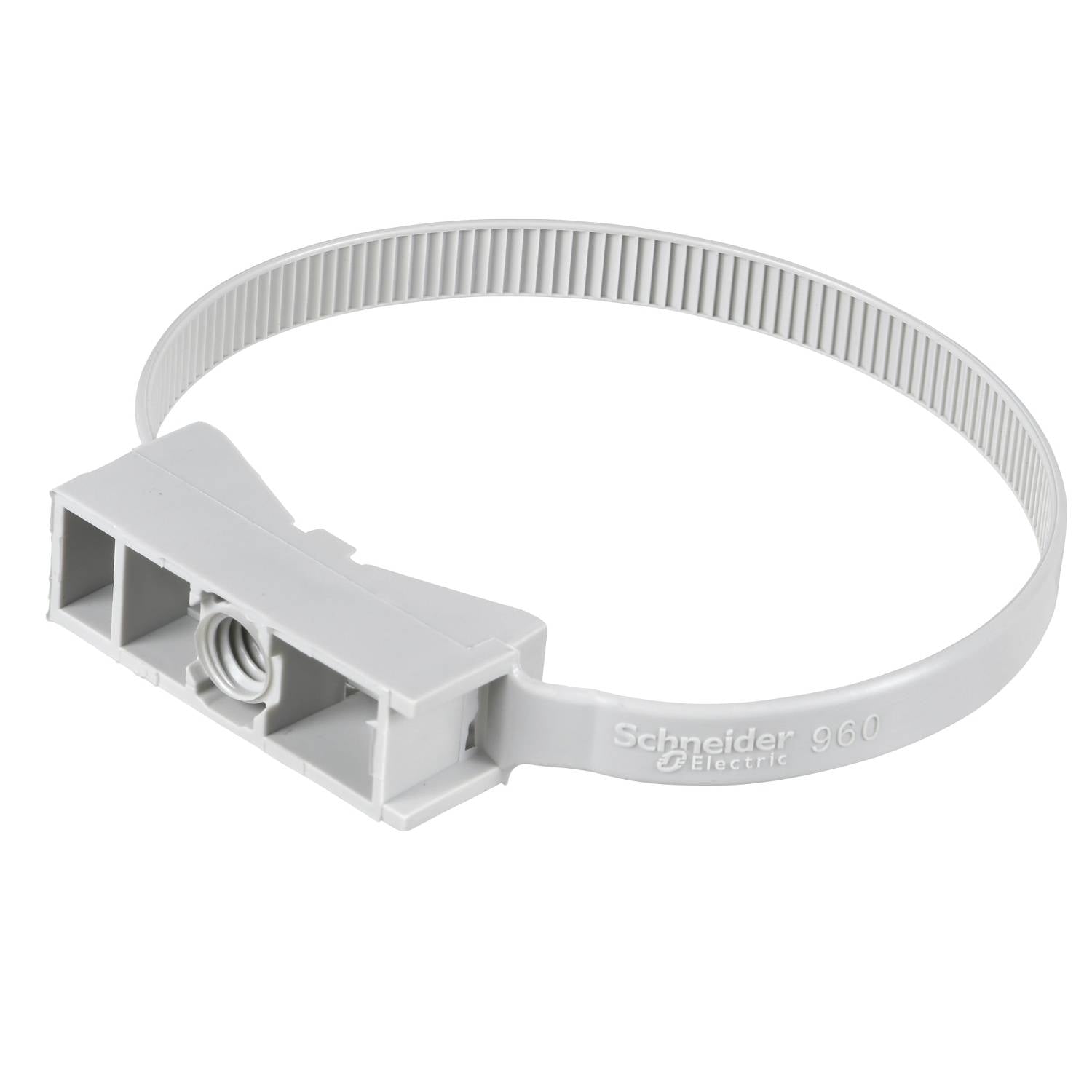 Un collier de câble ou serre-câble gris de Schneider Electric avec un mécanisme de fermeture rectangulaire.