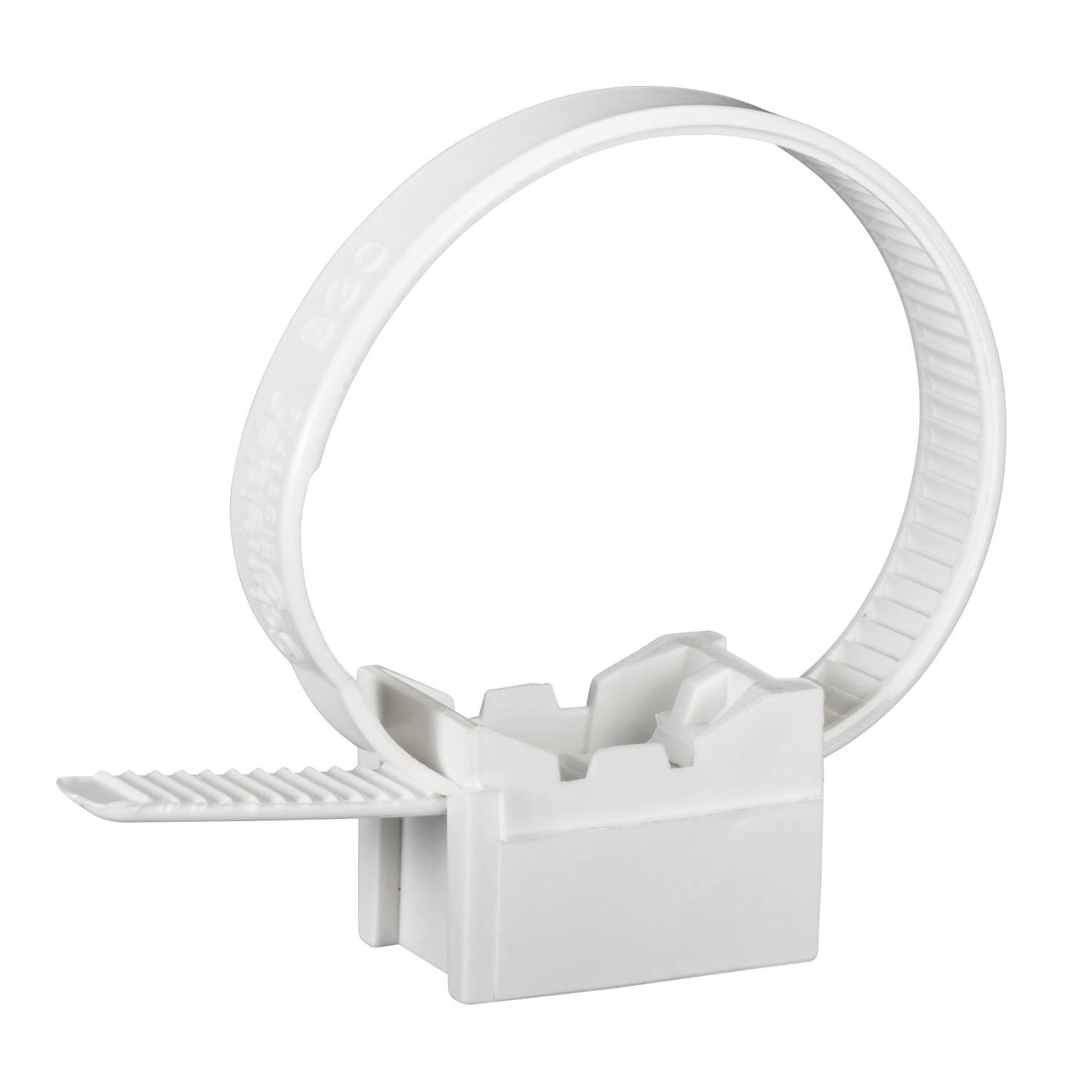 Un collier de serrage en plastique blanc avec un mécanisme de fermeture rectangulaire, ouvert dans une forme ronde et lâche.