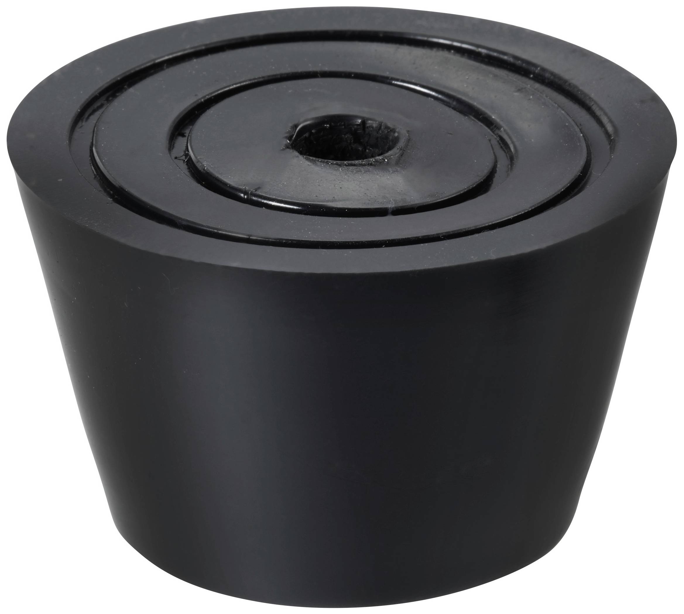 Bouchon en caoutchouc noir, de forme conique, à surface lisse, circulaire avec une petite ouverture au centre du sommet.